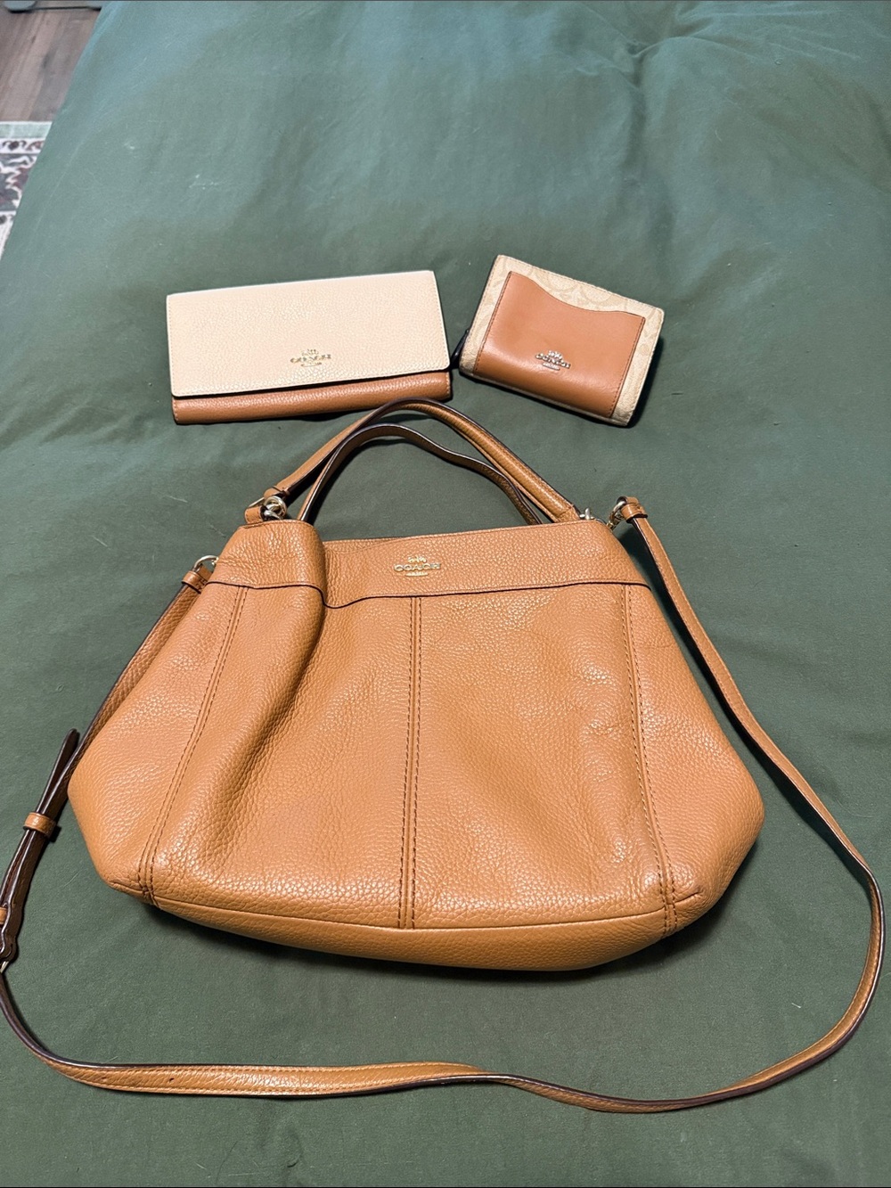 Coach Pebble Leather Hobo Bag and 2 Matching Wallets in Saddle/Tan